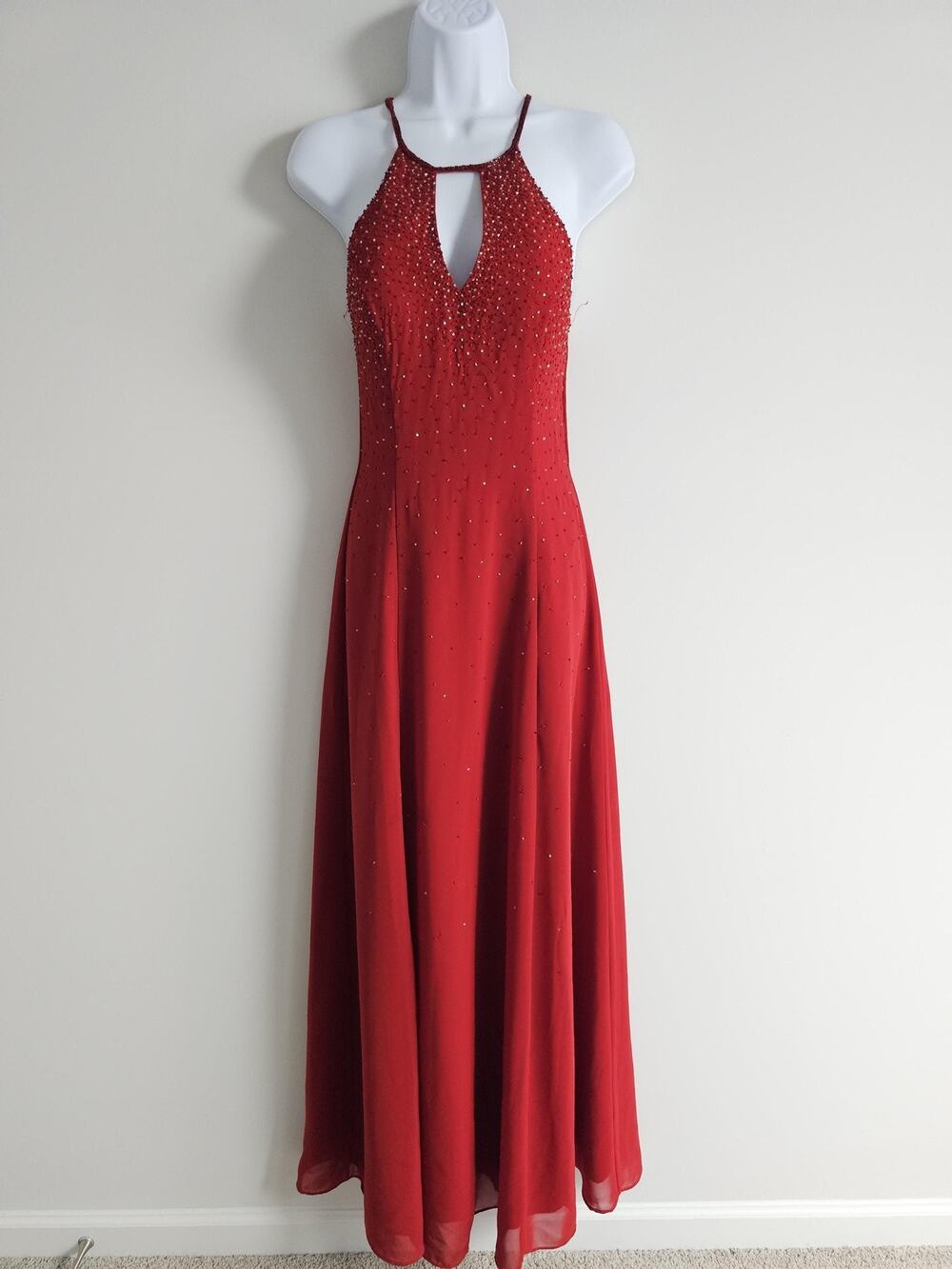 Vintage Chicas Dress Womens Medium Red Beaded Halter 90s Prom Gown Romantic Y2K